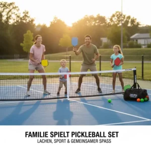 Eine Familie spielt mit dem Pickleball Familie Set Komplett.
