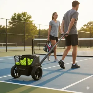 Die pickleball ballmaschine test mit Rädern und Griff wird zum einfachen Transport über den Platz gezogen.