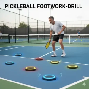 Ein Spieler führt einen Fußarbeit-Drill mit dem leuchtenden pickleball reaktions trainer zur Verbesserung der Koordination durch.