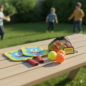 Alle Teile des Pickleball Set Kinder günstig übersichtlich angeordnet