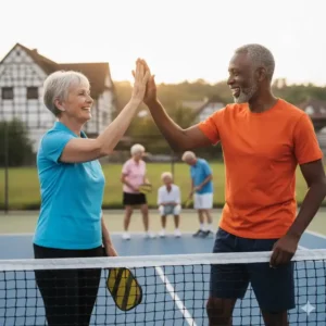 Senioren genießen die sozialen Vorteile von Pickleball nach einem Spiel; ein Kernaspekt der Kurse in Deutschland.