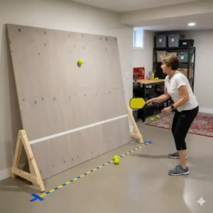 Beispiel einer selbstgebauten (DIY) pickleball trainingswand indoor für das Heimtraining.