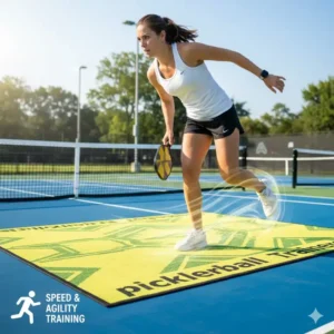 Ein Spieler, der seine Füße schnell bewegt, um Schnelligkeit und Agilität mit dem pickleball fußarbeit trainer zu verbessern.