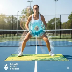 Illustration, die zeigt, wie der pickleball fußarbeit trainer das Gleichgewicht und die Rumpfstabilität beim Spielen verbessert.