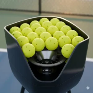 Blick in den Ball-Hopper der pickleball ballmaschine test, gefüllt mit einer großen Ballkapazität.