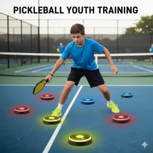 Ein junger Pickleball-Spieler trainiert seine Reflexe mit dem pickleball reaktions trainer auf dem Platz.