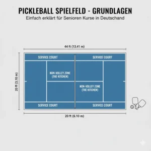 Diagramm des Pickleball-Spielfelds, erklärt in den Pickleball Kurse für Senioren in Deutschland.