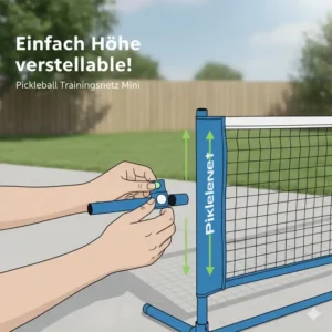 Nahaufnahme des Gestells vom Pickleball Trainingsnetz Mini zur Demonstration der Höhenverstellbarkeit