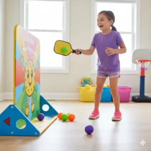 Kind trainiert spielerisch mit der pickleball trainingswand indoor für Anfänger.