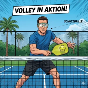 Ein Pickleball-Spieler mit passender Pickleball Brille Schutz in Aktion am Netz.