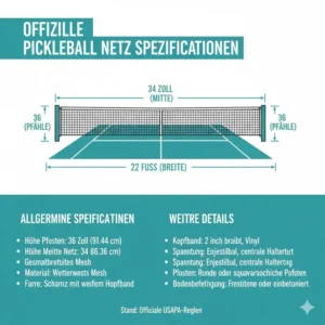 Grafik, die alle offiziellen Spezifikationen des pickleball netz turnier standard zusammenfasst.