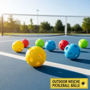 Pickleball Bälle für Kinder, die weich sind, liegen auf einem Outdoor-Platz in der Sonne.