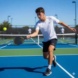 Pickleball Anfänger üben den kraftvollen Return des Aufschlags über das Netz.