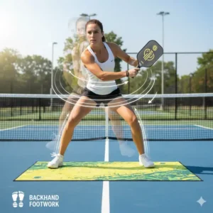 Die spezifische Fußarbeit für einen effektiven Rückhandschlag, geübt mit dem pickleball footwork trainer.