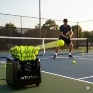 Ein Spieler beim Training auf dem Platz, der einen Ball von der pickleball ballmaschine test zurückspielt.