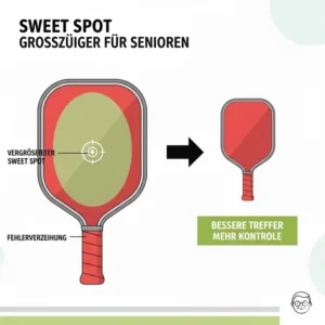 Markierung des vergrößerten Sweet Spots auf einem Pickleball Schläger Senioren Leicht, der die Fehlerverzeihung erhöht.