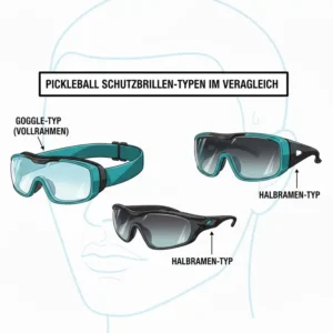 Illustration verschiedener Typen von Pickleball Brille Schutz (Goggle, Halbrahmen, Vollrahmen) zum Vergleich.