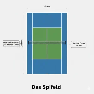 Eine detaillierte Grafik der Spielfeldmaße erklärt die pickleball regeln für anfänger.