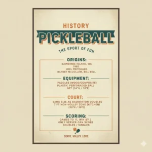 Typografische Pickleball poster Wanddeko, die wichtige Begriffe und die Geschichte des Sports darstellt.