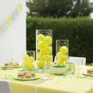 In Glasgefäßen dekorierte Bälle als stilvolle Pickleball Party Deko Ideen.