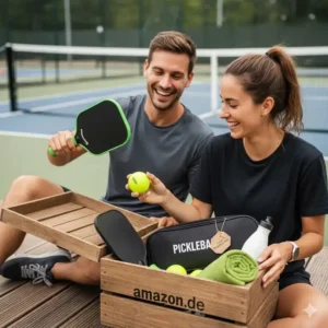 Zwei glückliche Spieler beim Auspacken des neuen Pickleball Geschenkset Amazons.