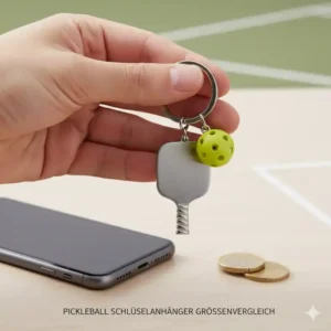 Größenreferenz: Pickleball Schlüsselanhänger kaufen im Vergleich zur Handfläche, um die kompakte Größe zu zeigen.