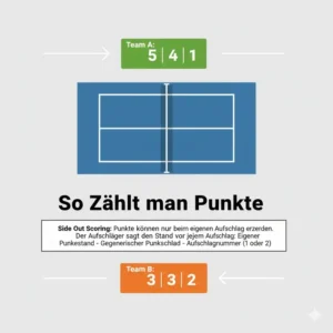 Infografik zum Zählen der Punkte nach den offiziellen pickleball regeln für anfänger.
