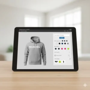 Mockup der Benutzeroberfläche zur Personalisierung von Text und Grafik auf dem pickleball hoodie personalisiert.