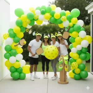 Ein Foto-Bereich mit lustigen Requisiten passend zu den Pickleball Party Deko Ideen.