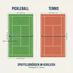 Infografik über die Spielfeldmaße und die pickleball vs tennis unterschiede in der Flächennutzung.