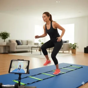 Schnelle Beinarbeit und AgilitĂ€tsĂŒbungen im Flur â wichtige Pickleball Training zuhause Tipps.