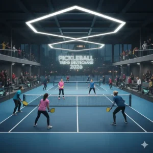 Eine moderne Sporthalle, die speziell fĂŒr den pickleball trend deutschland 2026 mit neuen PlĂ€tzen ausgestattet wurde.