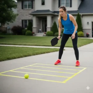 Markierung der Kitchen-Linie auf dem Boden fĂŒr Pickleball Training zuhause Tipps zur Spieltaktik.