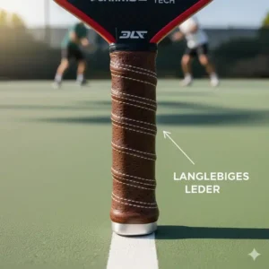 Detailaufnahme vom Griff eines pickleball schläger langlebiges material mit Lederwicklung.