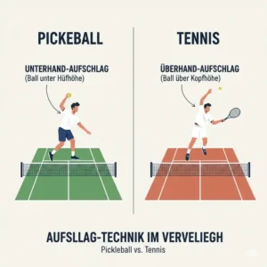 Illustration der Aufschlagtechniken erklärt die pickleball vs tennis unterschiede im Regelwerk.