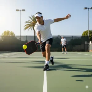 Ein Spieler in Aktion nutzt einen pickleball schläger langlebiges material beim Turnier.