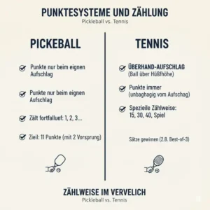Vergleichstabelle der Punktesysteme markiert die pickleball vs tennis unterschiede in der Wertung.