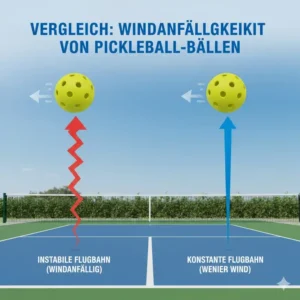 Vergleich der Windanfälligkeit: Nur hochwertige Pickleball Bälle konstante Flugbahn halten die Linie.