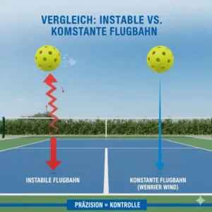 Ein Diagramm verdeutlicht den Vorteil: Pickleball Bälle konstante Flugbahn vs. instabile Bälle.