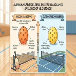 Illustration der Unterschiede zwischen Indoor- und Outdoor-Bällen sowie spezifische Pickleball Bälle für langsames Spiel.