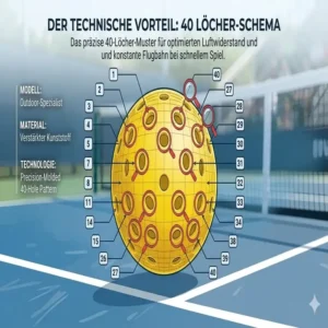 Technisches Diagramm der 40-Löcher-Struktur bei Pickleball Bälle für schnelles Spiel.