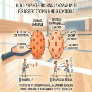 Trainings-Illustration für Anfänger, die gezielt Pickleball Bälle für langsames Spiel nutzen.