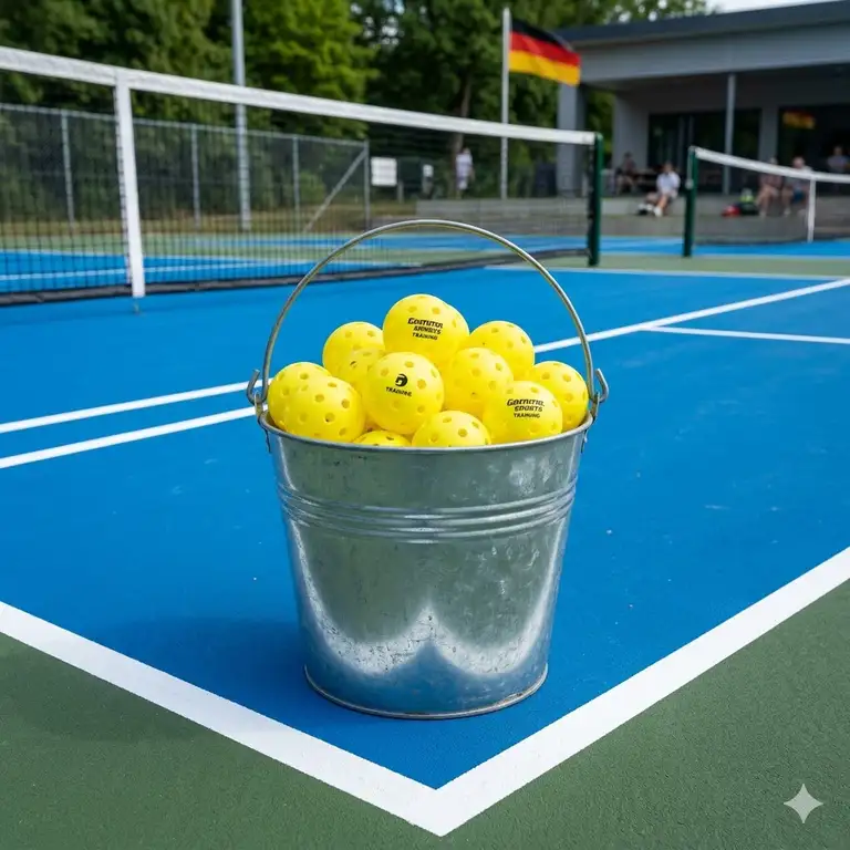 Ein professioneller Eimer voll gelber pickleball bälle für trainingseinheiten auf einem blauen Spielfeld in Deutschland.