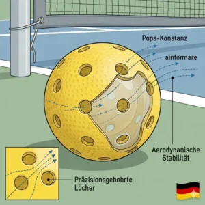 Detailaufnahme der präzisionsgebohrten Löcher für aerodynamische Stabilität und pickleball bälle gleichmäßige sprungkraft.