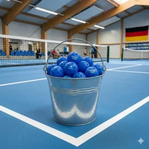 Spezielle blaue Indoor pickleball bälle für trainingseinheiten in einer Sporthalle.