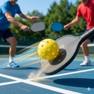 Spieler nutzt pickleball bälle langlebig outdoor während eines dynamischen Matches.