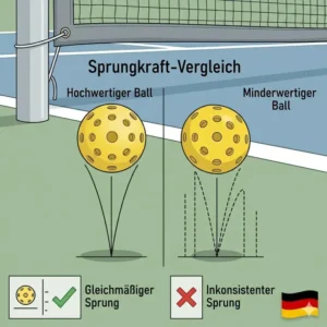 Infografik zum Vergleich der Sprunghöhe für pickleball bälle gleichmäßige sprungkraft im Vergleich zu minderwertigen Bällen.