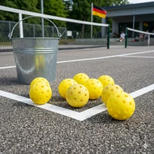Robuste gelbe Outdoor pickleball bälle für trainingseinheiten auf einem harten Platzbelag.