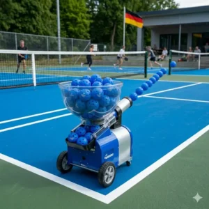 Eine automatische Ballmaschine im Einsatz mit vielen pickleball bälle für trainingseinheiten.