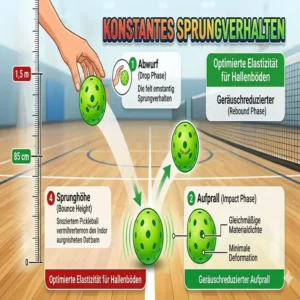 Diagramm des gleichmäßigen Sprungverhaltens von pickleball bälle leise indoor auf Holzfeid.